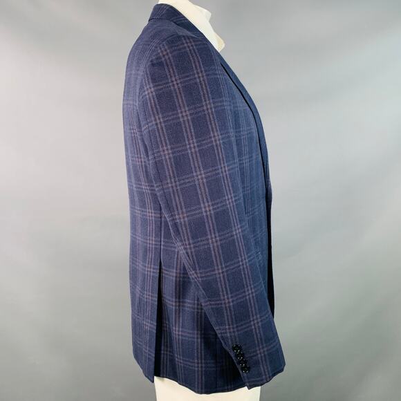 Size 44 Navy Blue Brown Plaid Virgin Wool Notch Lapel Sport Coat - Picture 3 of 8